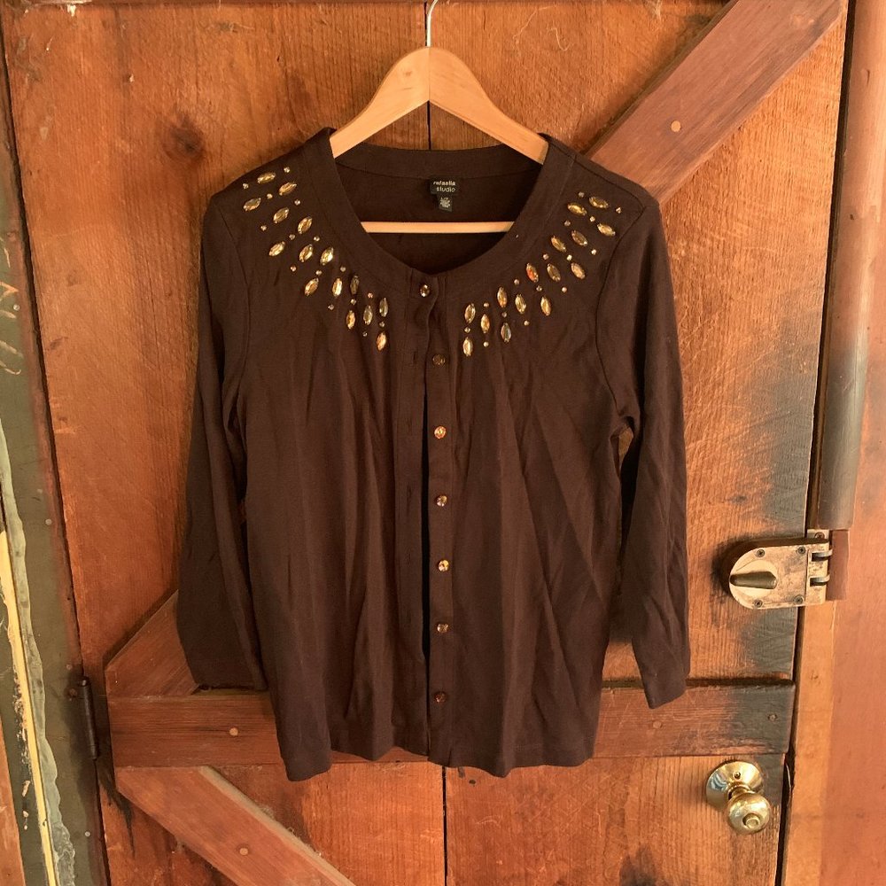 Brown Rhinestone Button-Down Shirt